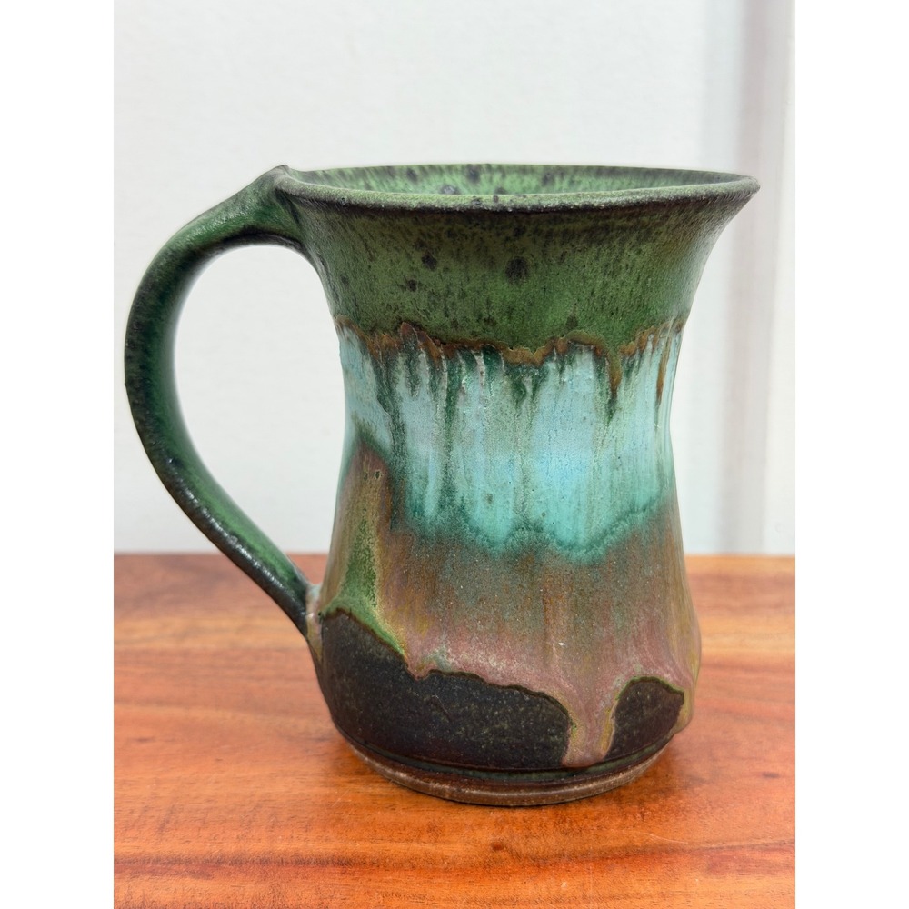 Studio Pottery Mug Green Turquoise Drip Glaze Hand Thrown Signed Stoneware - Picture 3 of 11